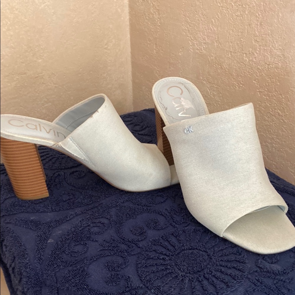 Calvin Klein Cream Mules with Wooden Heel